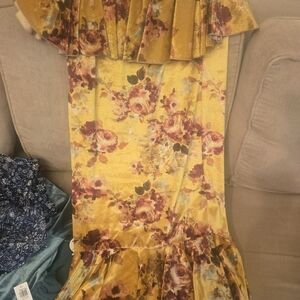 LuLaRoe Cici Mustard Yellow And Pink Floral Velvet Midi Dress